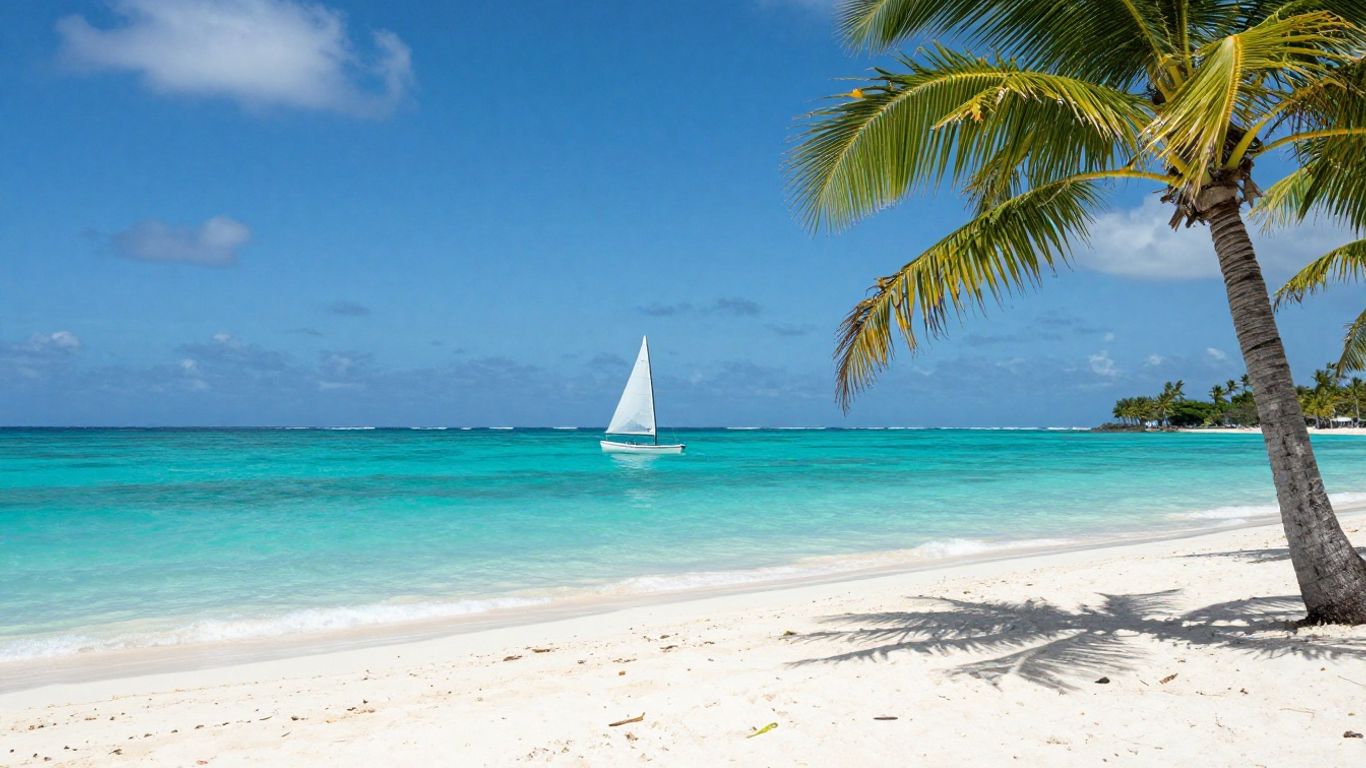 A small sailboat cruising near a tropical Caribbean beach
