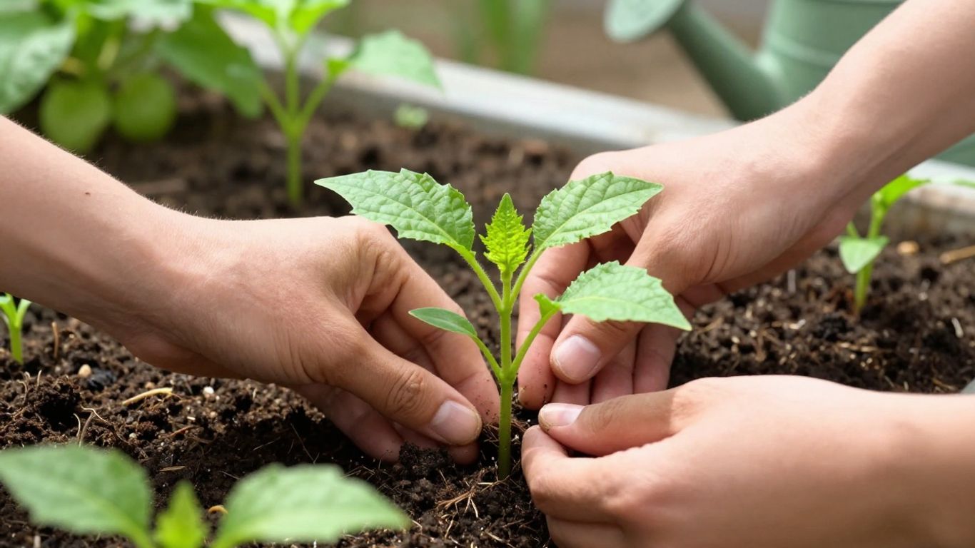 Hände pflegen junge Pflanze in städtischem Garten.