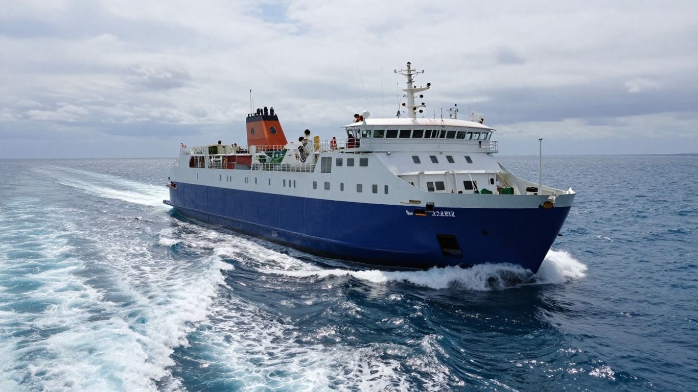 Ferry sailing through choppy blue sea, creating a white wake.