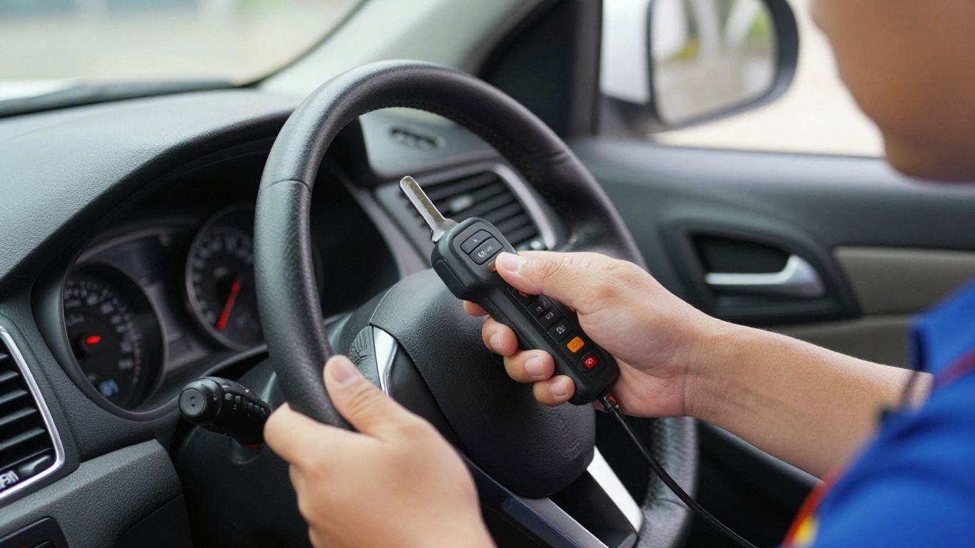 Professional locksmith repairing a vehicle key