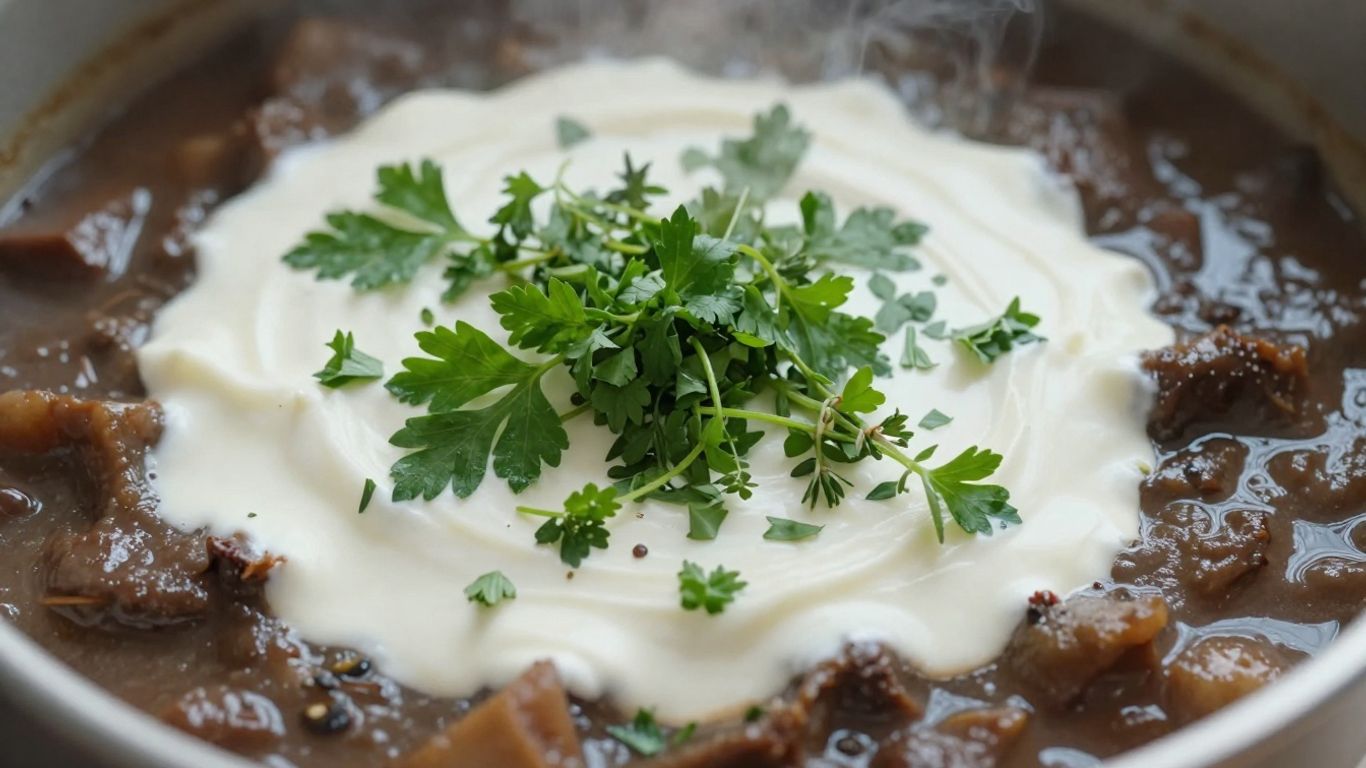 Steaming pot of stew with fresh herbs and cream.