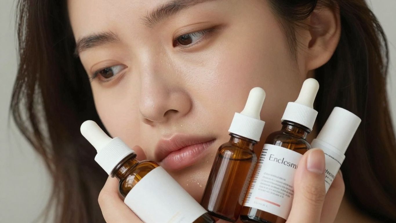 Confused woman holding skincare products, one tilted.
