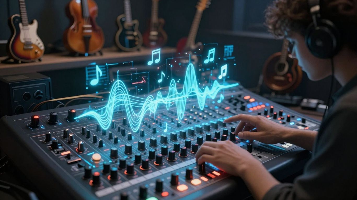 AI music generation soundboard with holographic notes