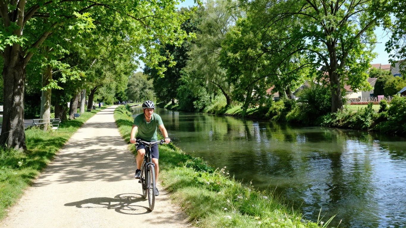 Cyclist on a tree-lined path beside the Canal de Bourgogne.