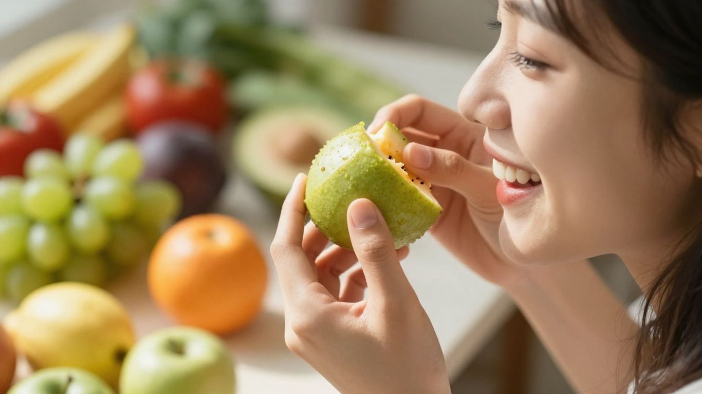 Person enjoying fruit, healthy food background