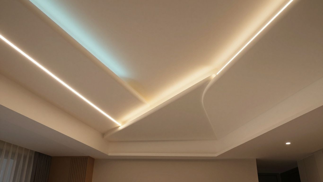 Ceiling with integrated LED strip lights casting a warm glow.