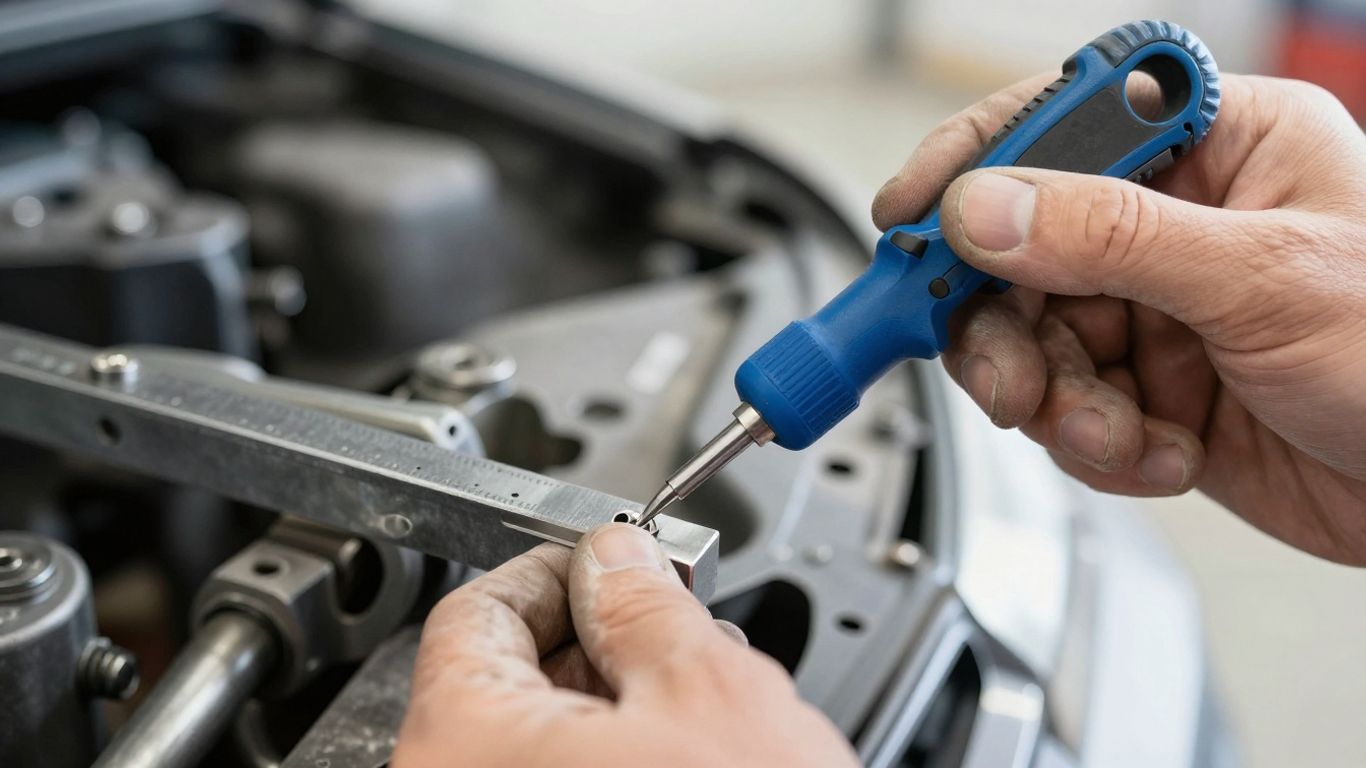 Mechaniker misst Achse mit Spezialwerkzeug am Auto.