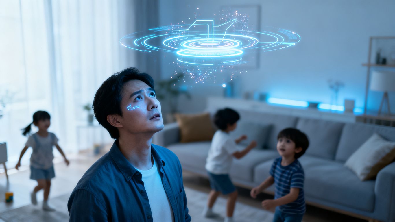 Parent watches AI interface oversee children playing.