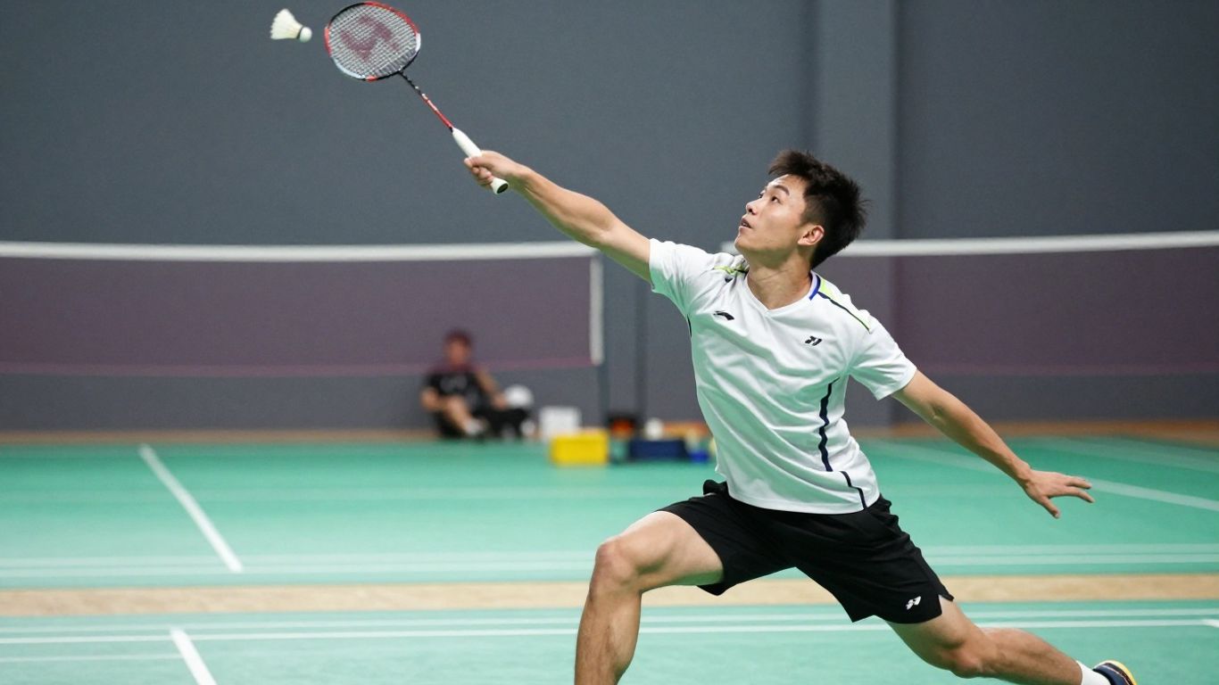 Badminton player hitting a shuttlecock during a serve.