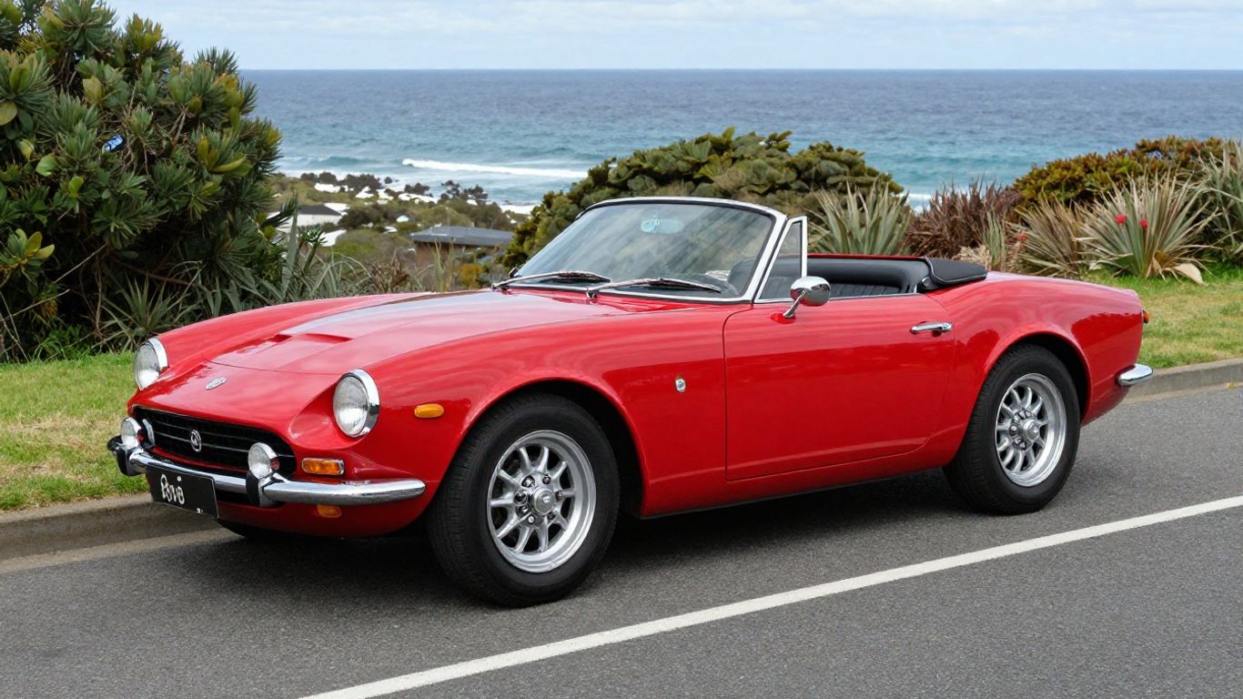 Red Fiat 124 Spider parked near Wollongong coast.