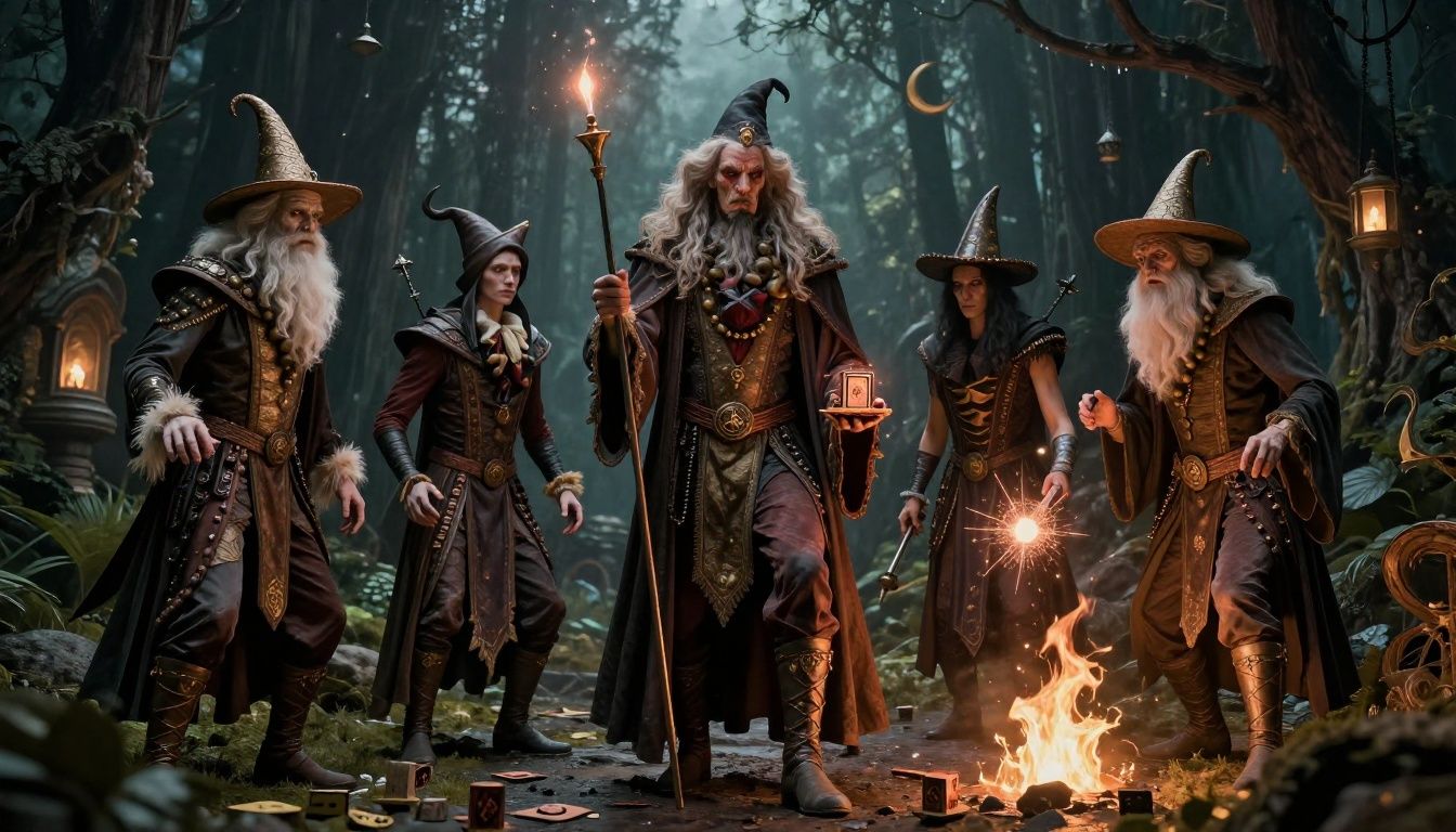 Arte conceitual de oito jogos de magia com feiticeiros, mundos fantásticos e efeitos arcanos