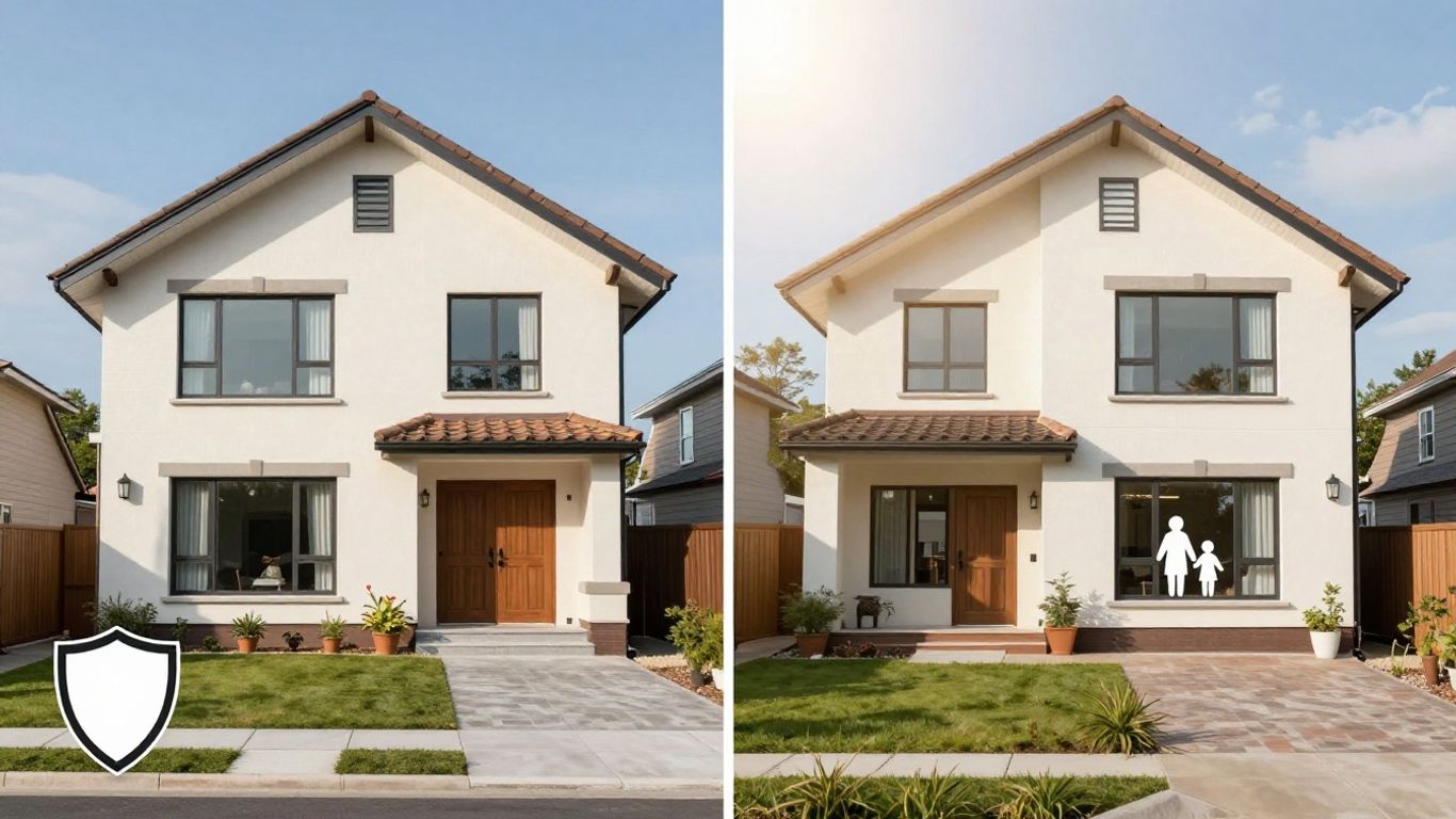 Comparativa de seguros de hogar con casas y escudos.