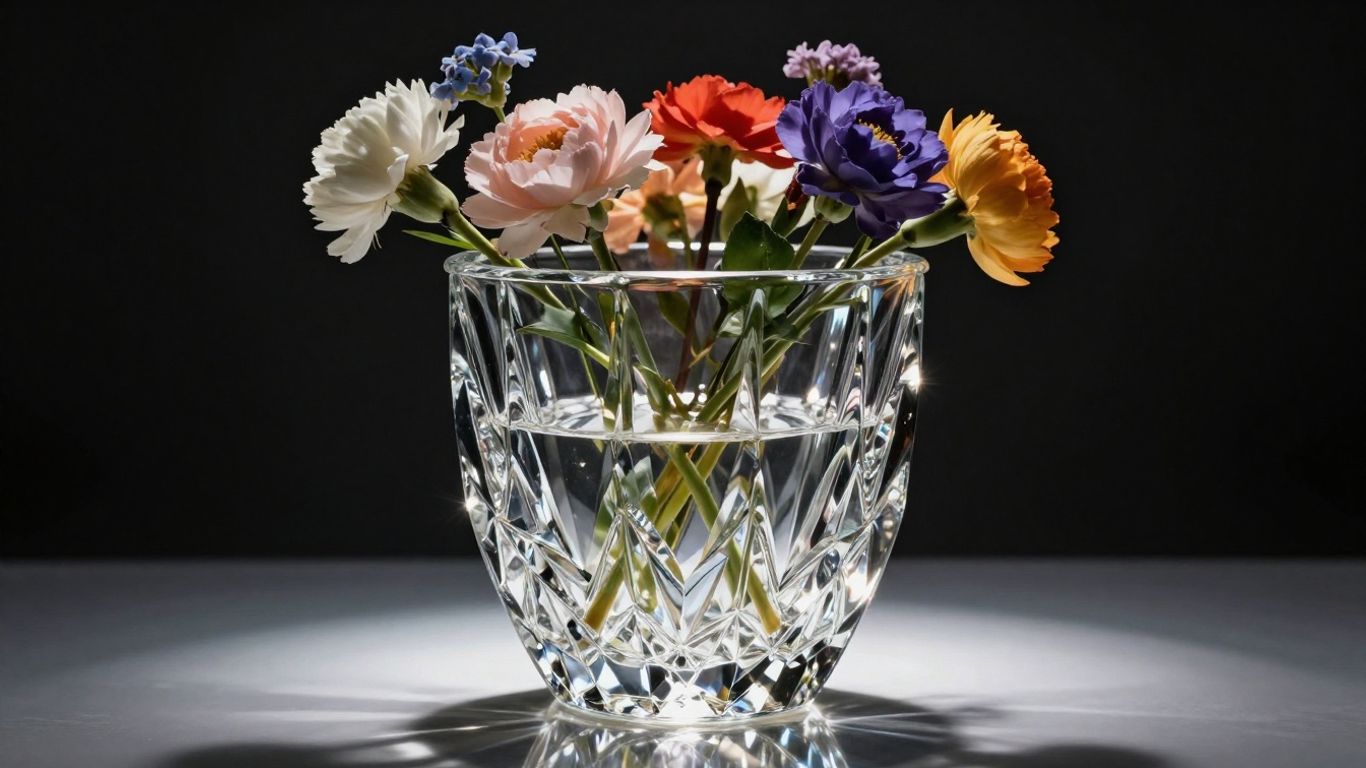 Elegant crystal vase with flowers, light reflections.