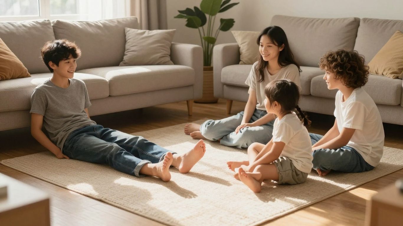 Cozy living room with family enjoying radiant floor heating.