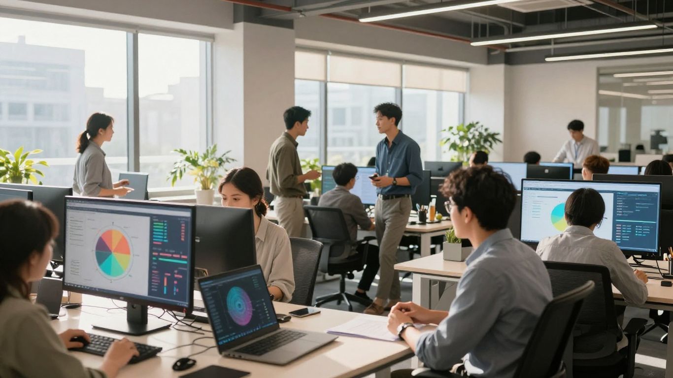 Modern office with professionals using CRM software interfaces.