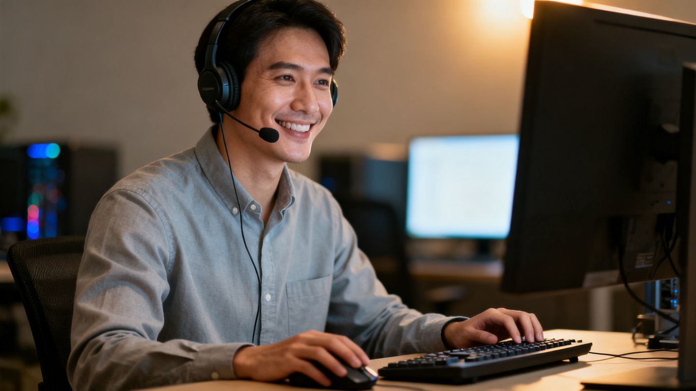 IT support technician at a computer with headset.