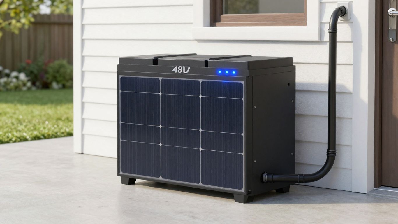 A modern 48V residential lithium solar battery on a wall
