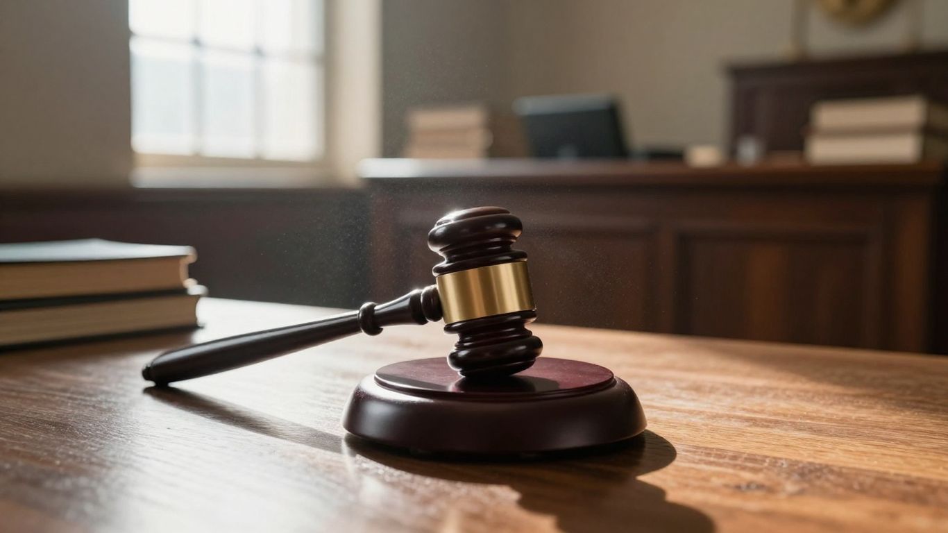 Gavel on a courtroom desk with sunlight