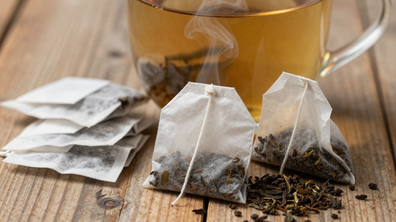 Plastic-free tea bags next to a steaming mug of tea.