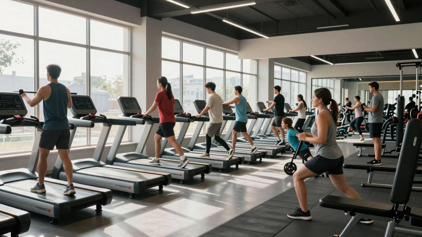 People exercising in a well-lit gym.