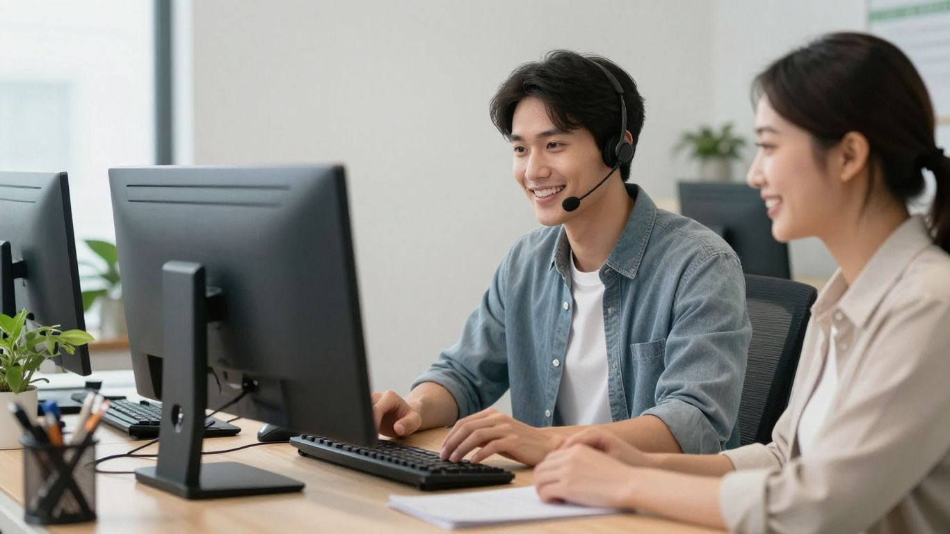 Help desk support agent assisting a customer.