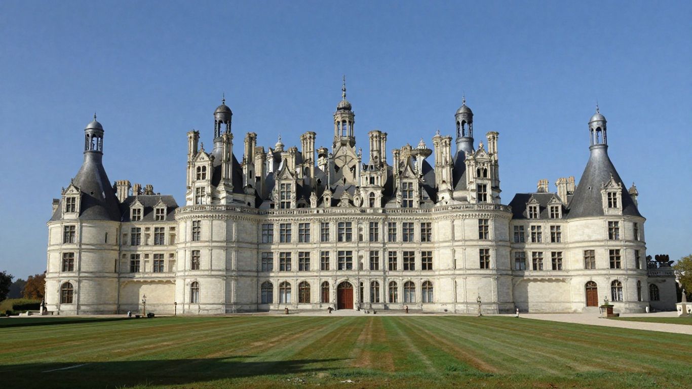 Château de Chambord exterior with turrets and lawns.