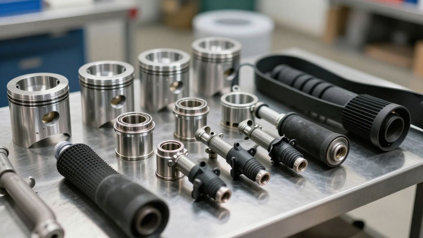 Detailed engine components arranged in workshop