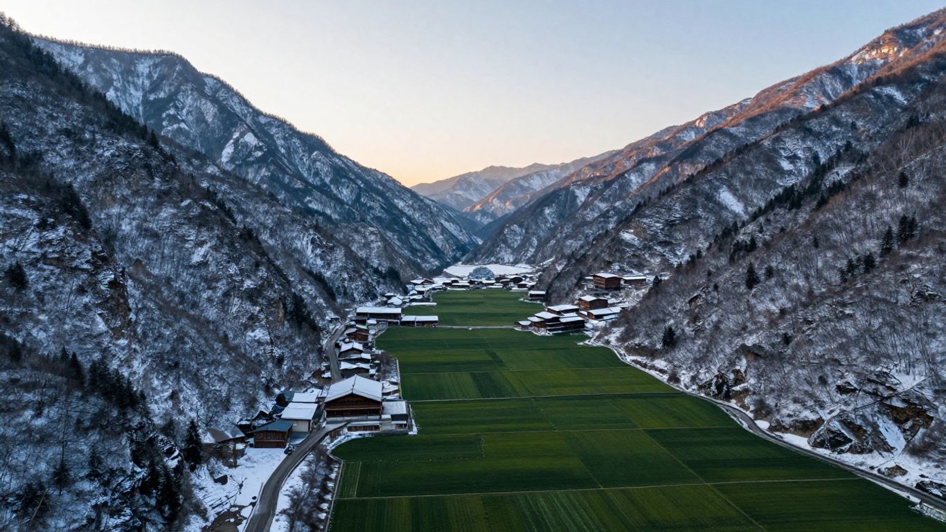 Snow-covered peaks and mountain valley landscape
