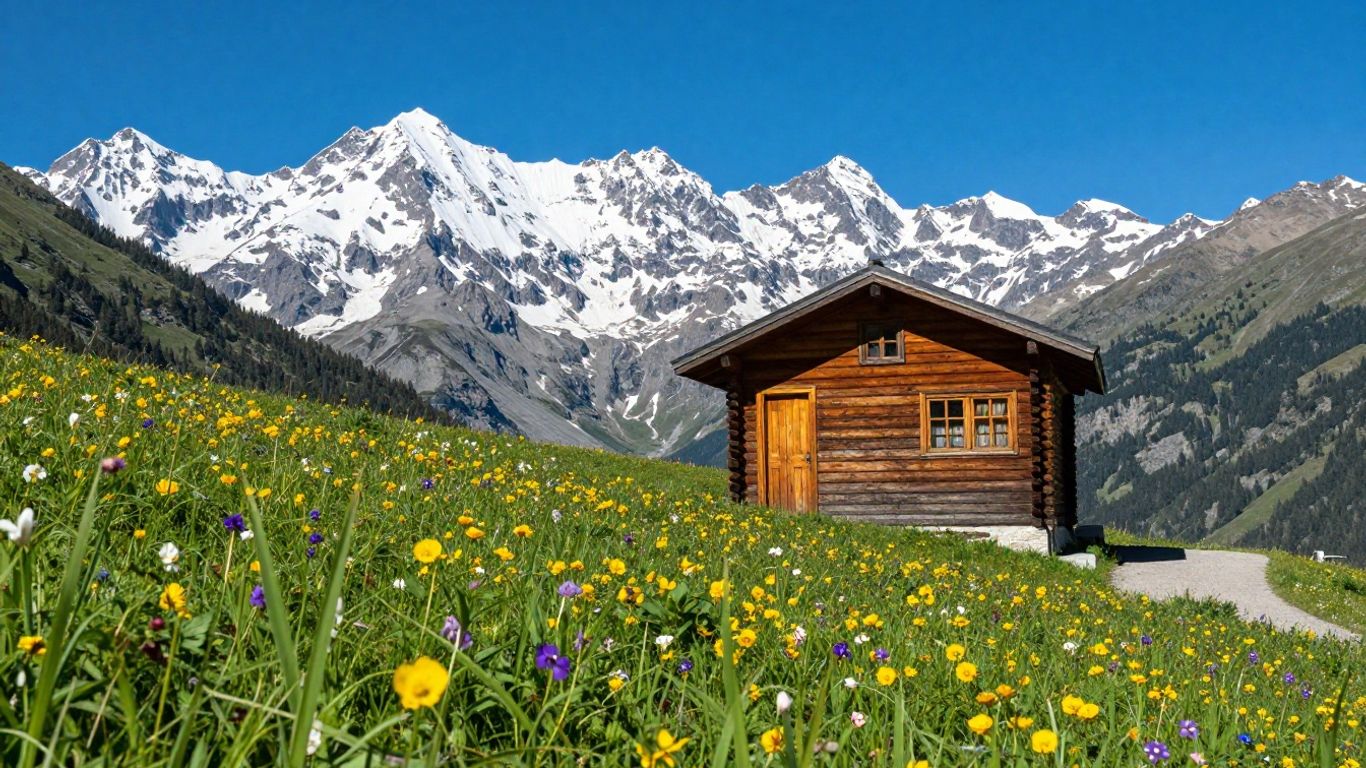 Alpine cabins nestled in snowy mountain peaks