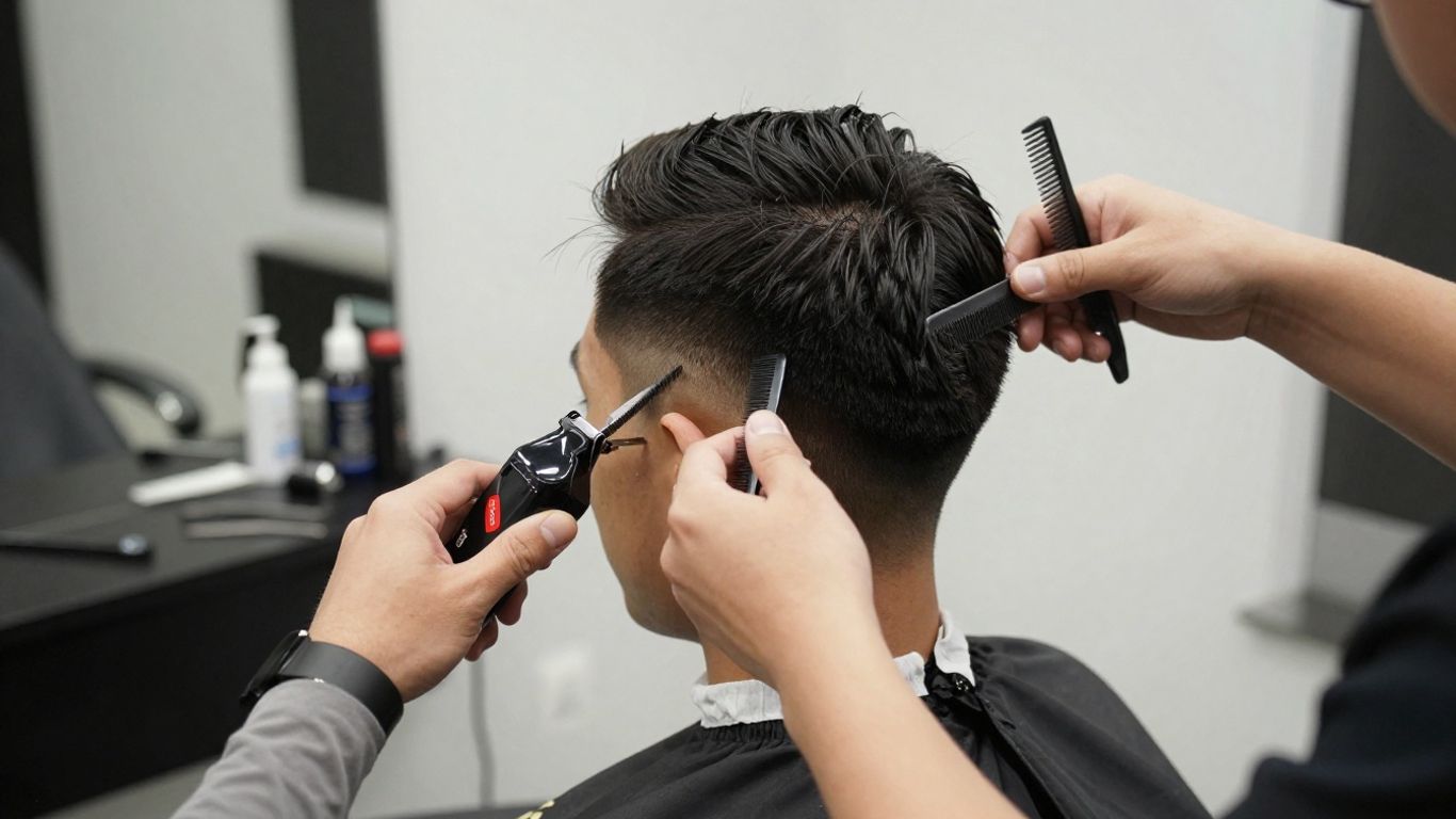 Barber expertly cutting hair in a Salt Lake City salon.