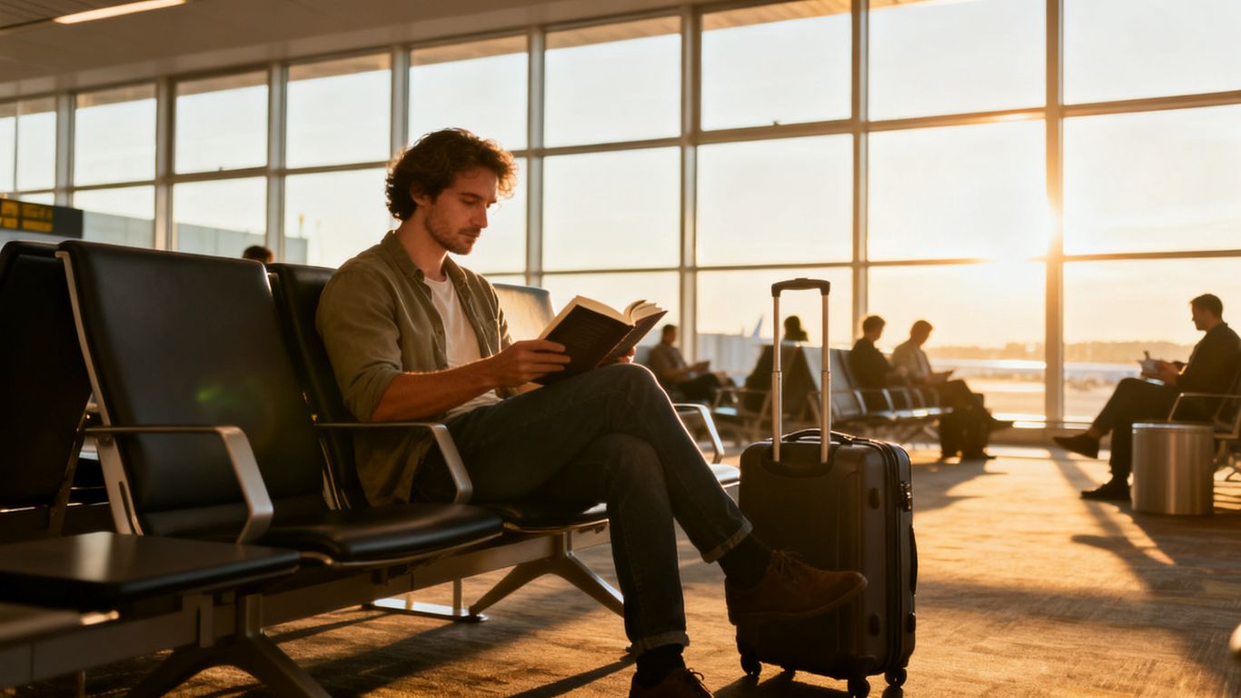 Traveler relaxing in airport lounge during layover.
