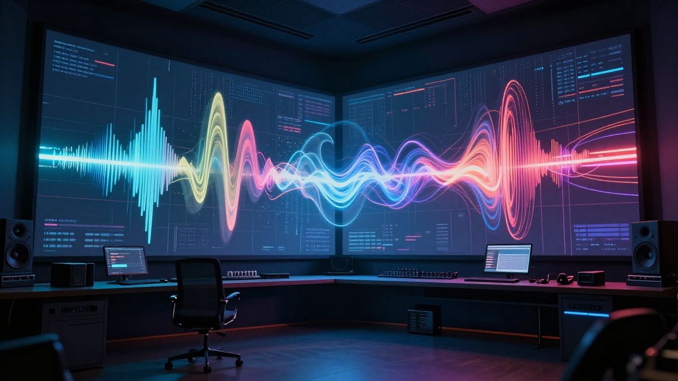 Hyperrealistic studio with flowing audio waves and vibrant visuals