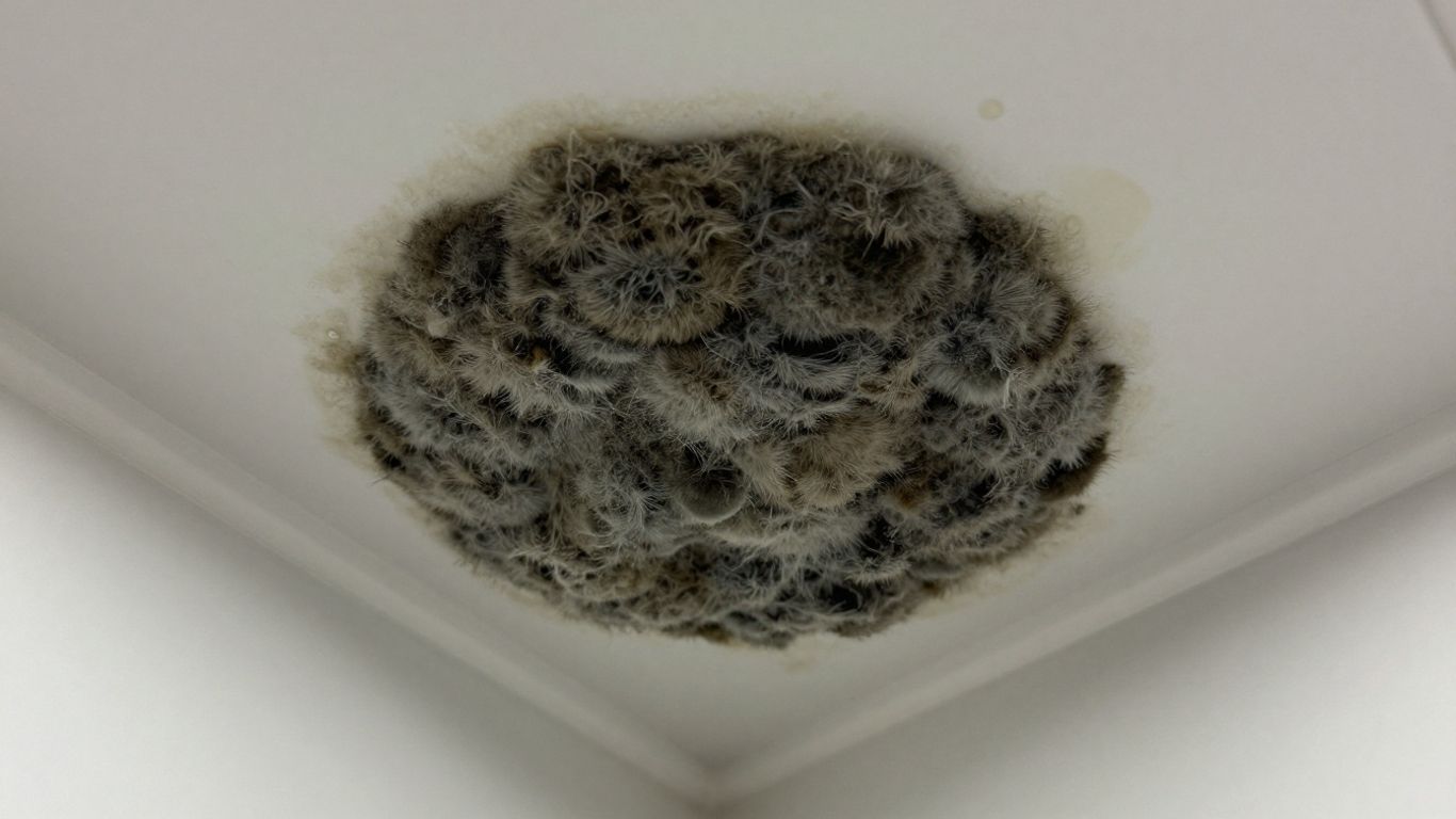 Moldy bathroom ceiling with water stains.