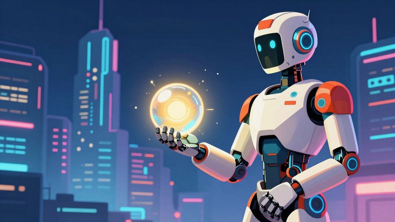 AI robot with glowing orb overlooking futuristic city