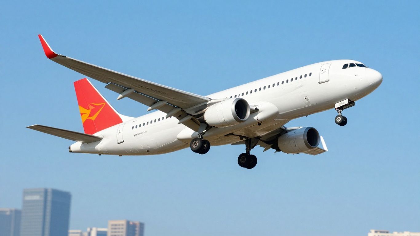Avion survolant une skyline urbaine, offres de voyage