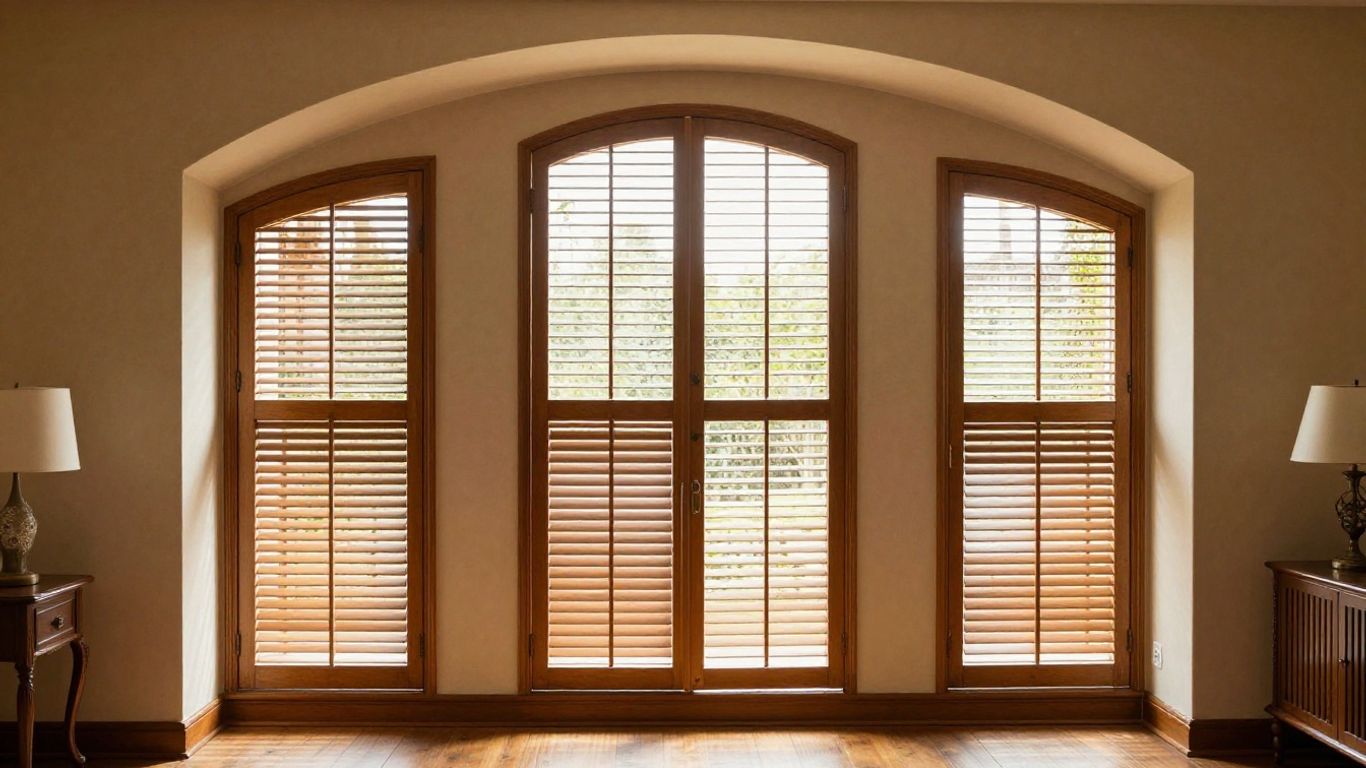 Arched window shutters in a sunlit living room.