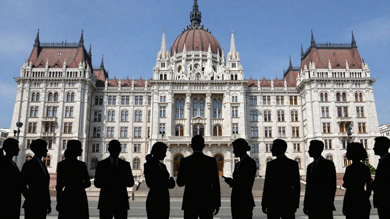 Clădirea Parlamentului României și siluete umane interacționând.