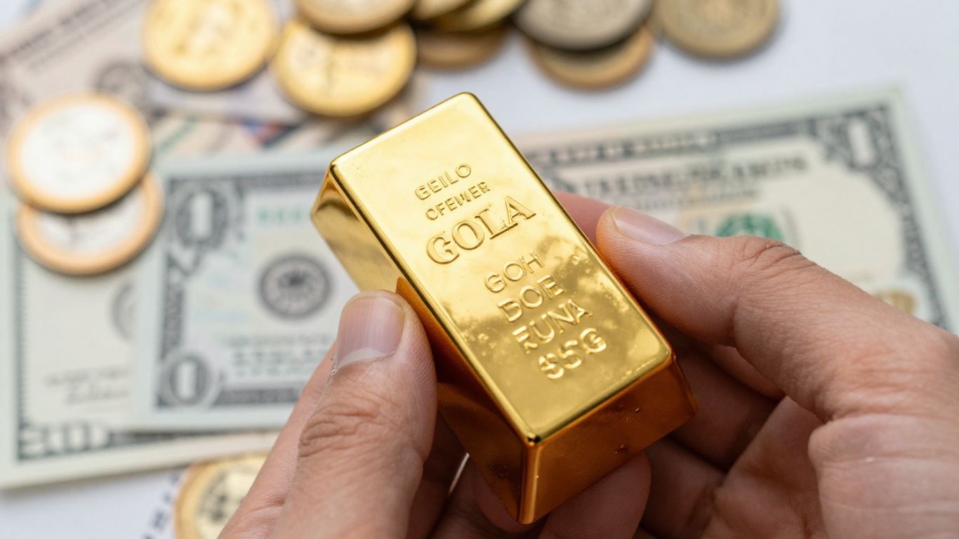 Gouden hand die een goudstaaf vasthoudt met gediversifieerde financiële activa.