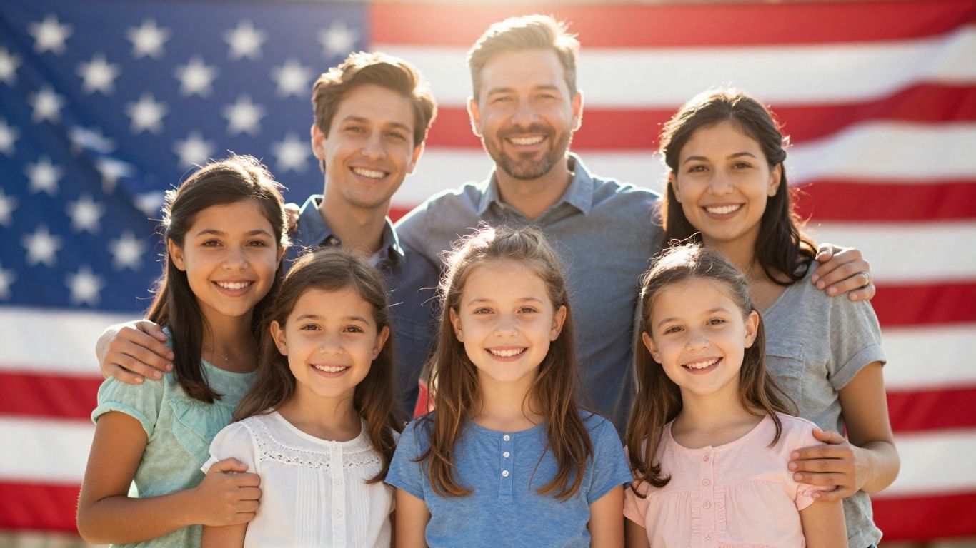Family arriving in the United States, looking hopeful.