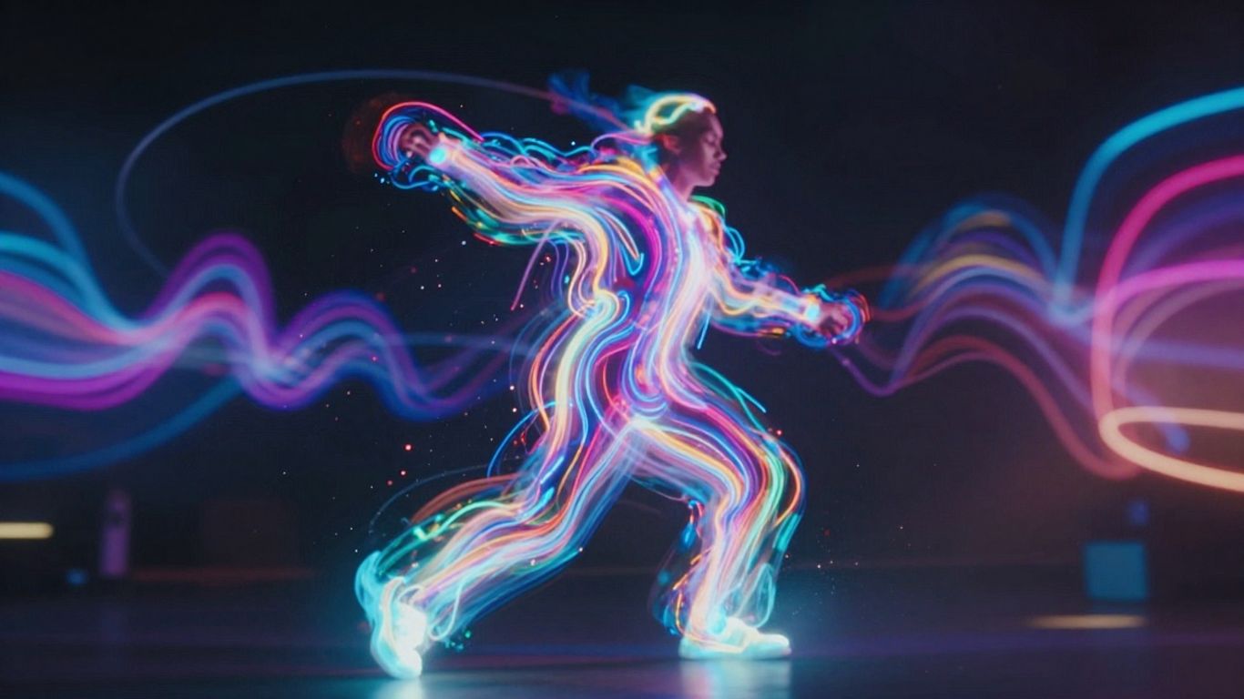 AI music video with abstract light trails and silhouette.