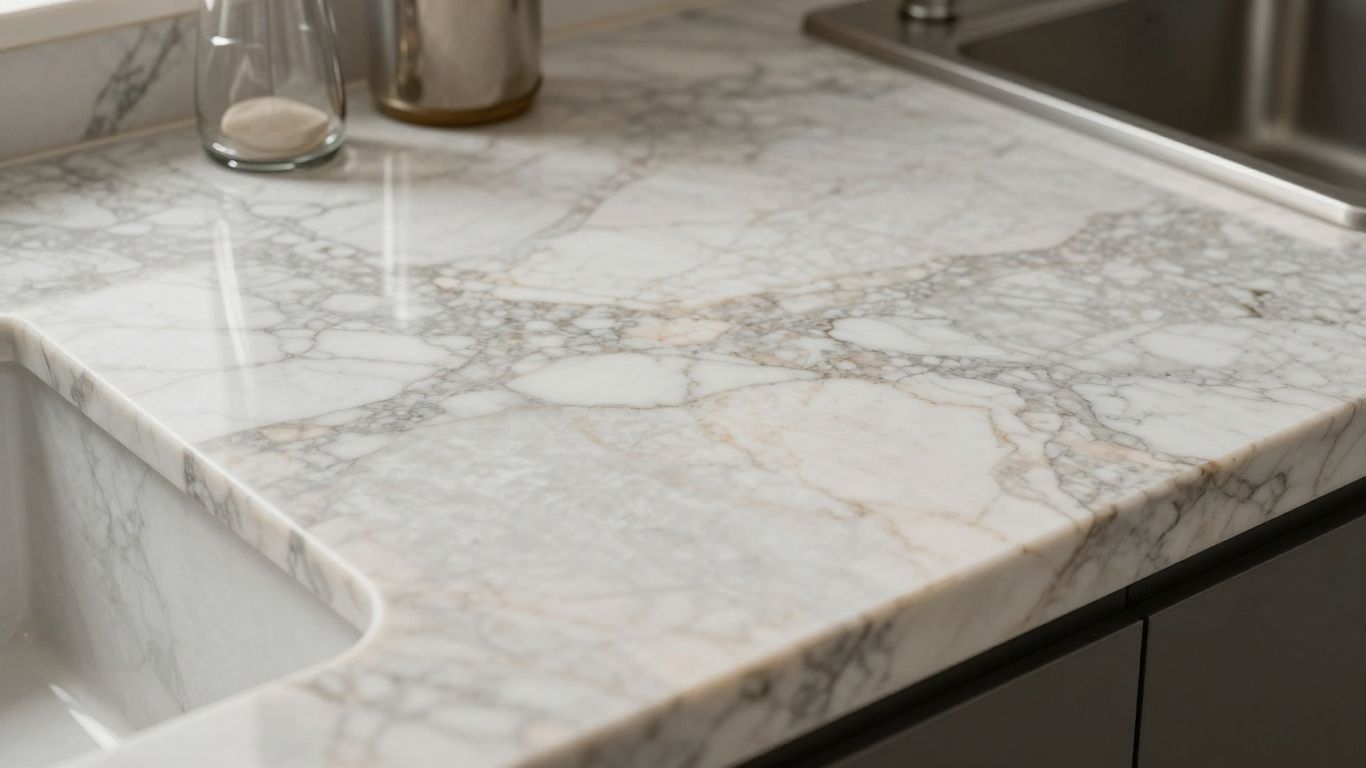Polished marble countertop with elegant veining and kitchen utensils.