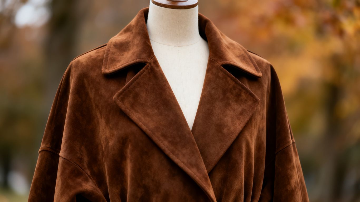 Brown suede coat for Autumn 2025 fashion trend.