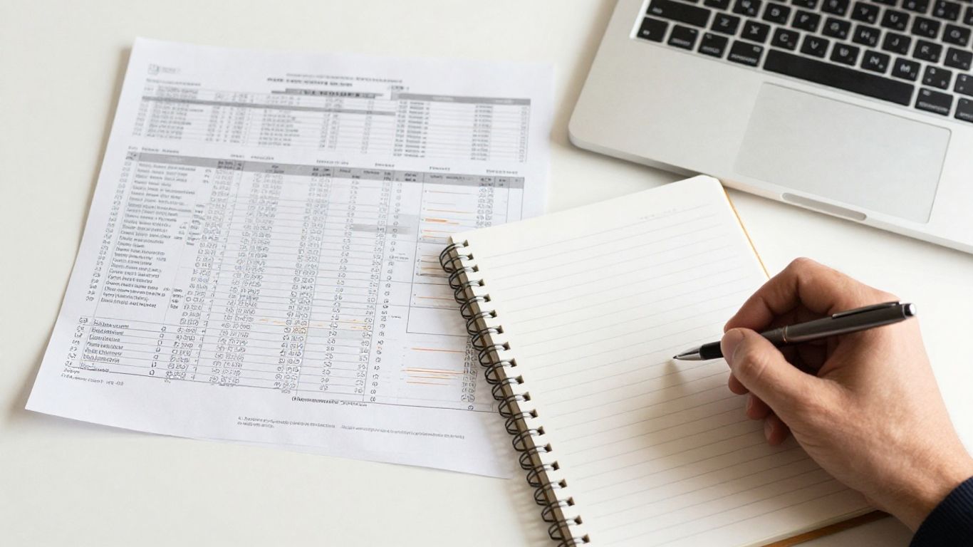Printed bank statements beside laptop and notebook