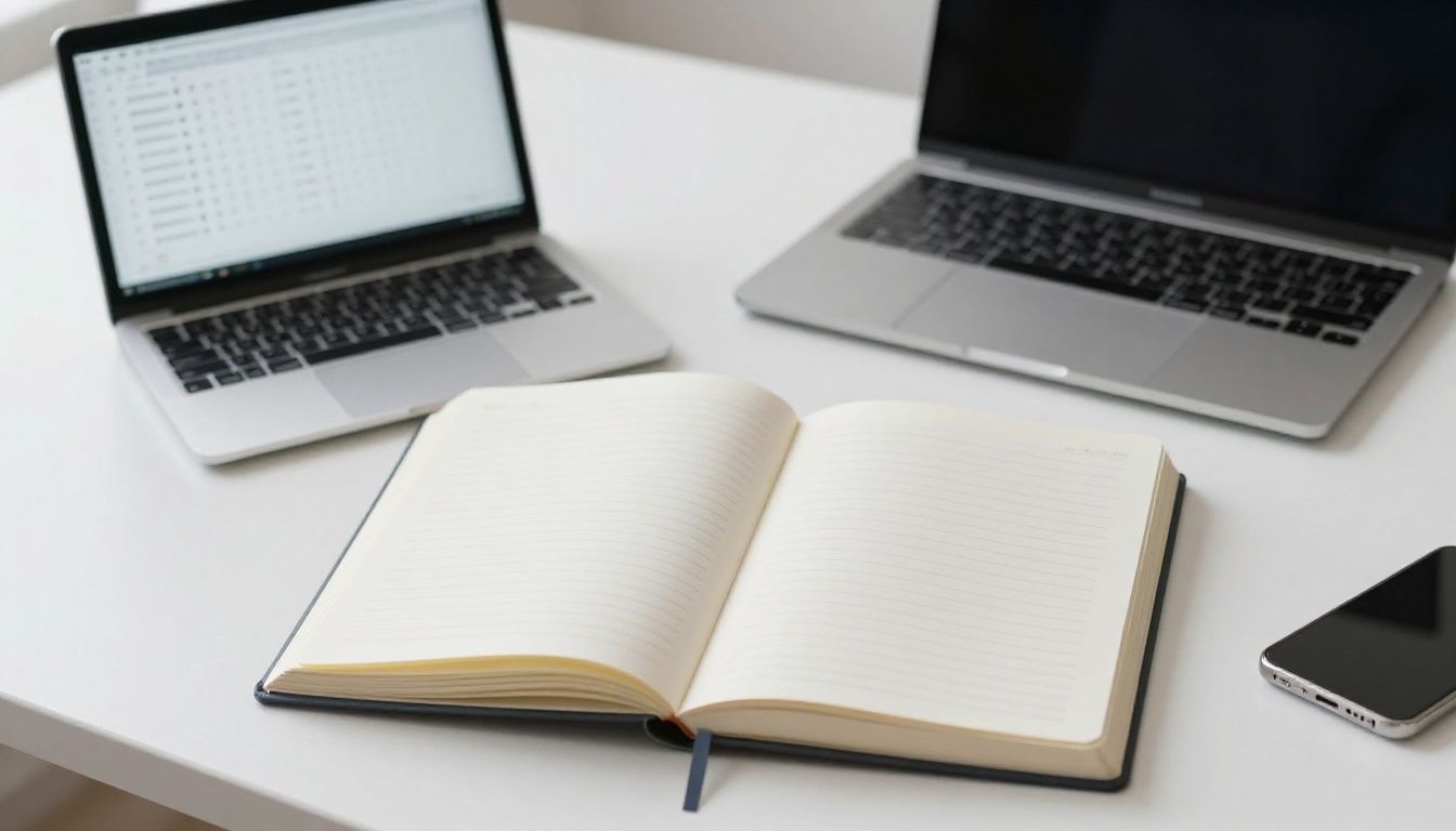 A clean, minimalist desk setup with an open journal and a digital device showing progress tracking, symbolizing the bridge between planning and execution.