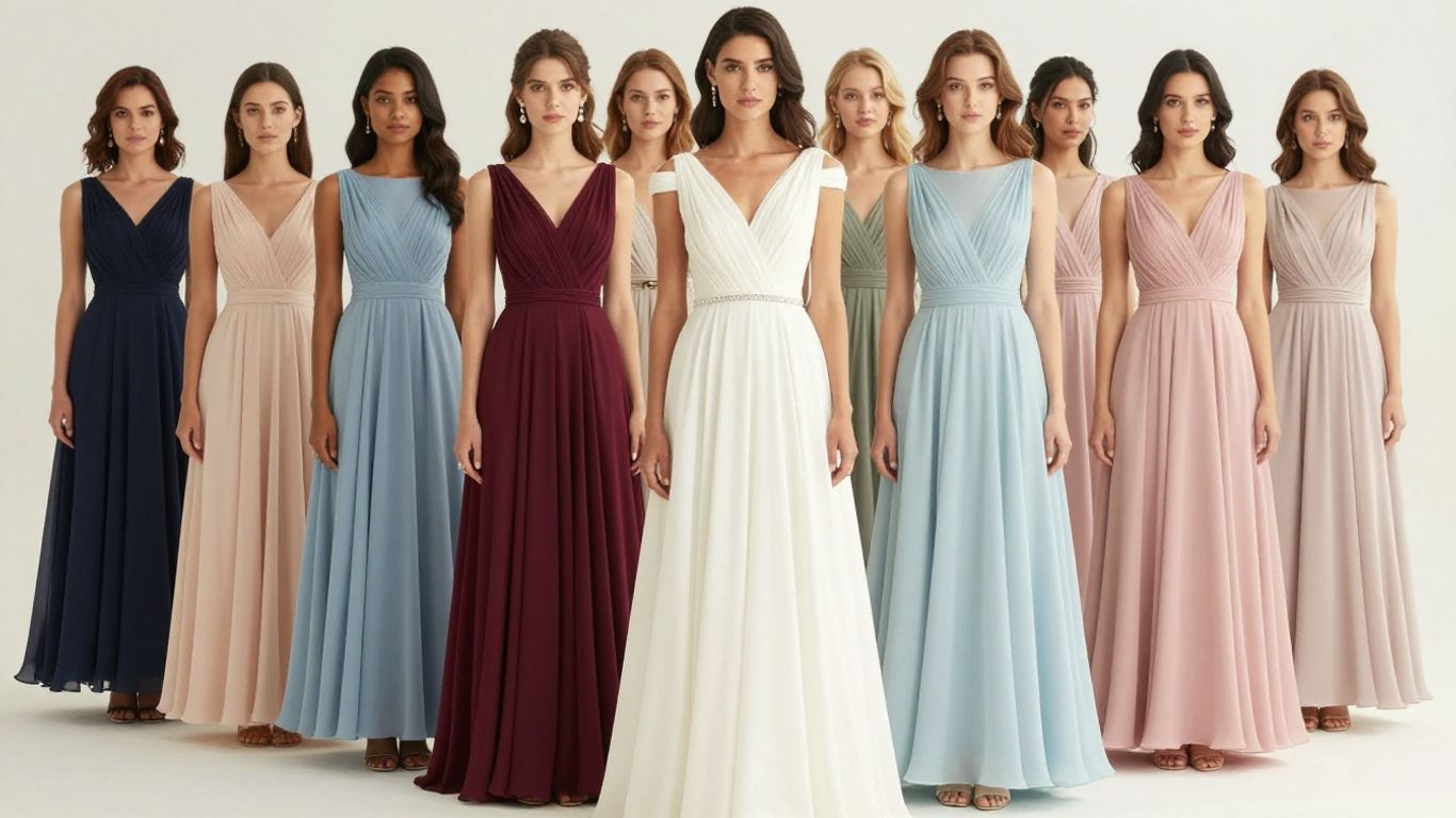 Elegant A-line wedding guest dresses on models.