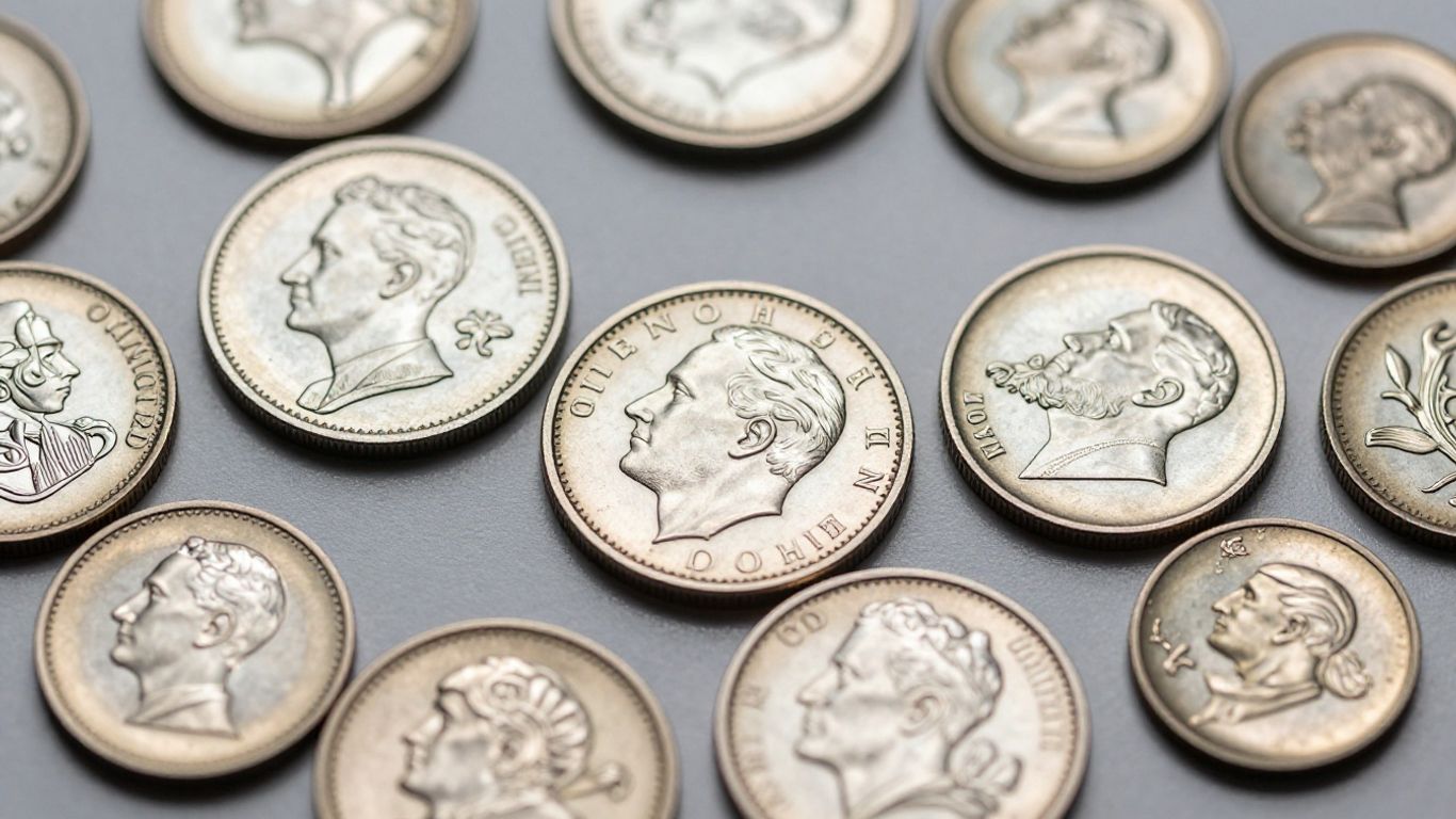 Collection of shiny proof coins in a display case.