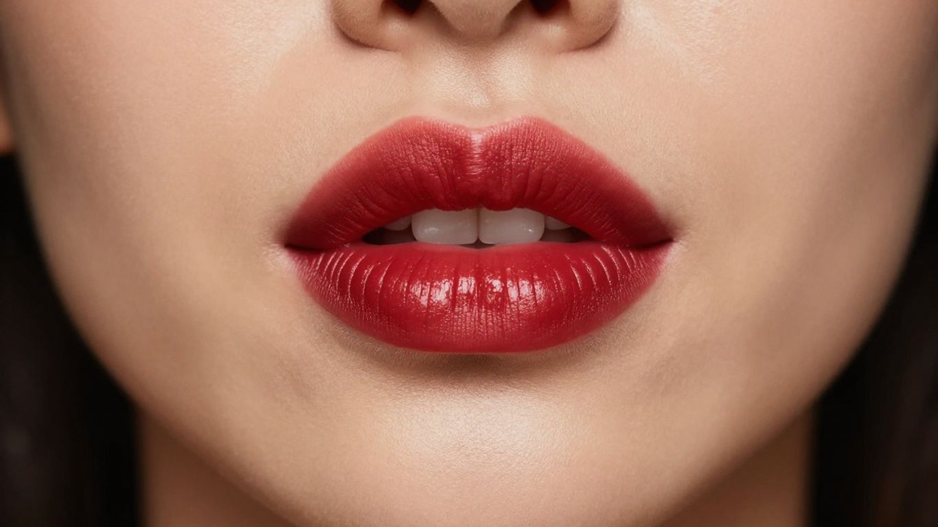 Woman applying vibrant lipstick for mixed-race makeup.
