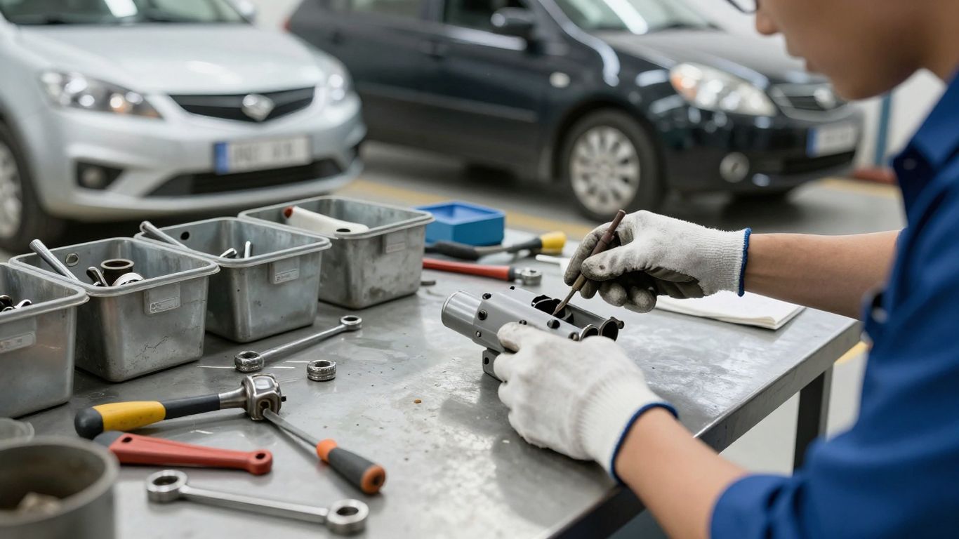 Mechanic inspecting used Baleno parts