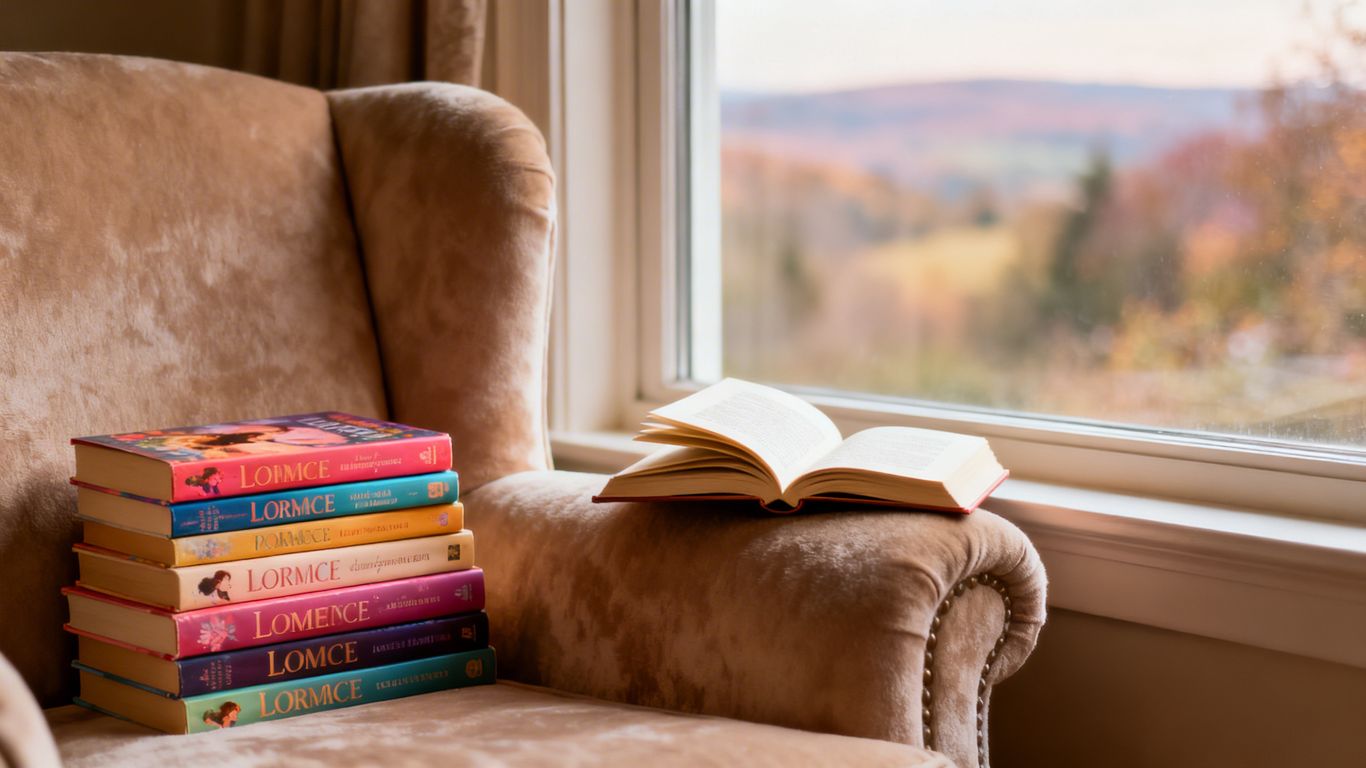 Stack of romance novels in a cozy reading nook.