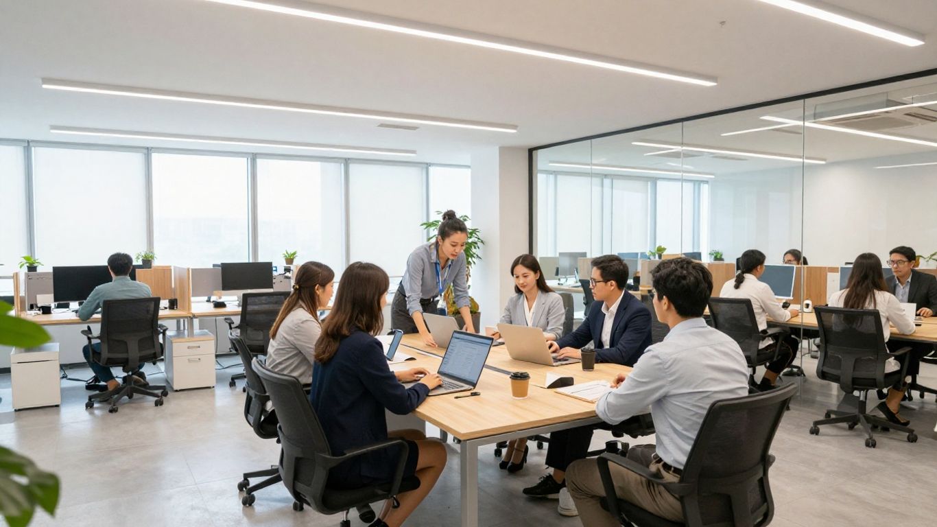 Professional team collaborating in a modern bright office